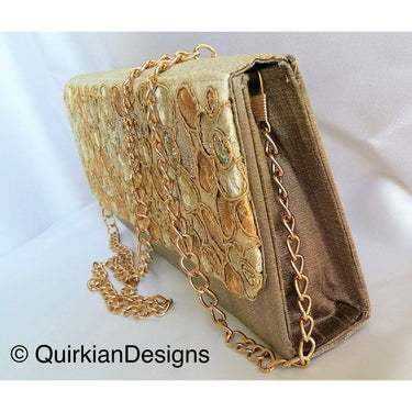 Green Fabric Clutch Purse With Copper And Gold Intricate Floral Embroidery, Wedding Clutch, Party Bag